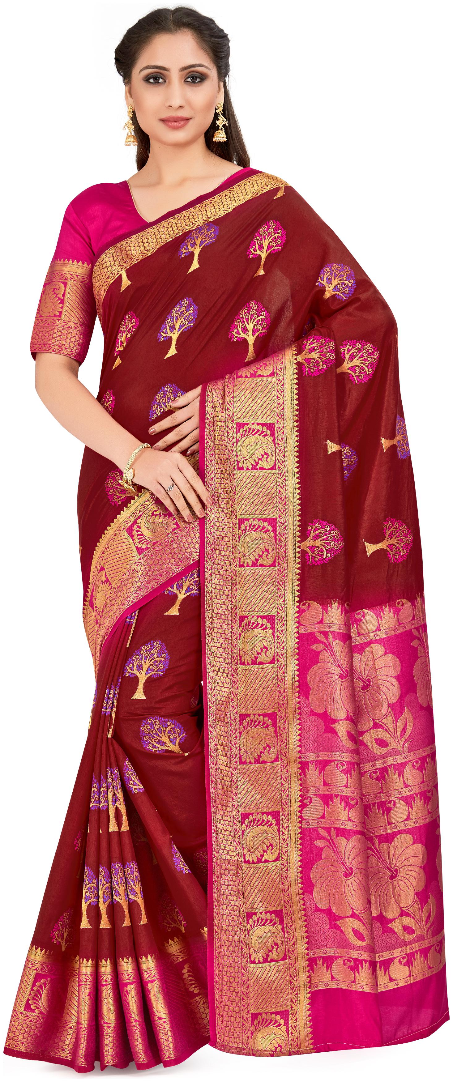 

Mimosa Maroon Woven Kanchipuram Silk Regular Saree With Blouse With blouse
