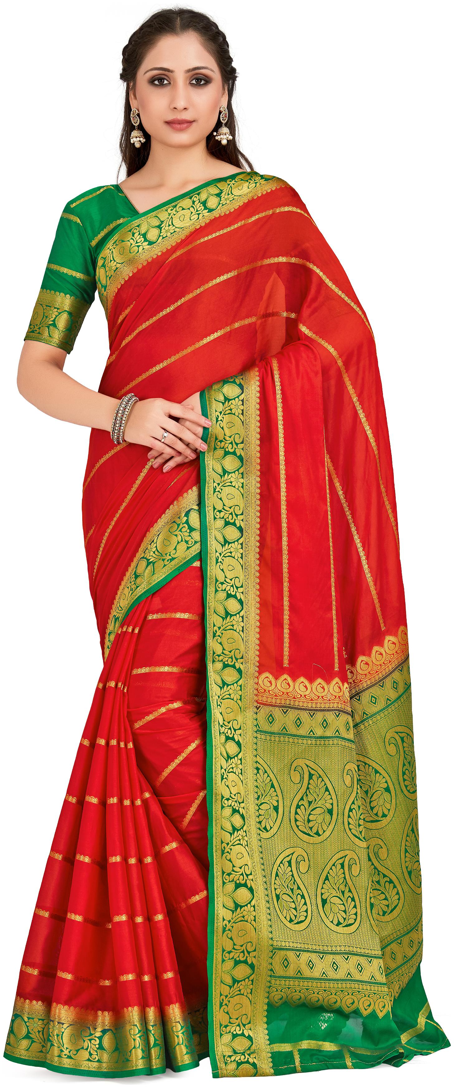 

Mimosa Red Striped Mysore Regular Saree With Blouse With blouse