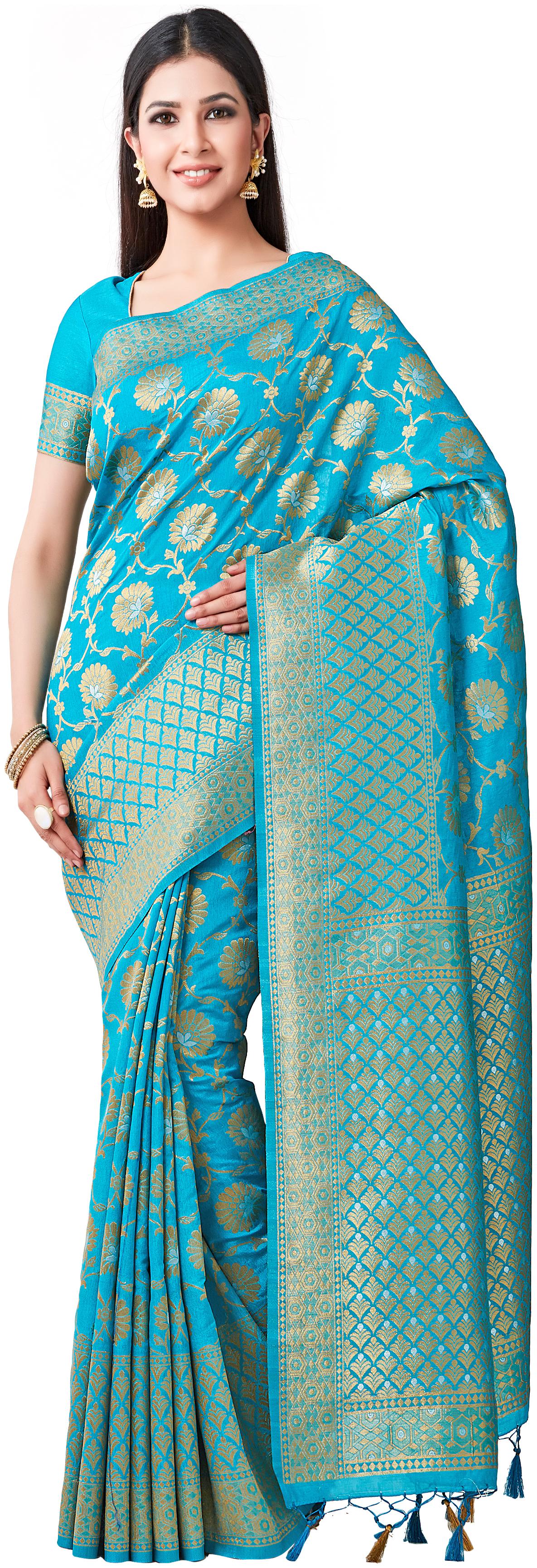 

Mimosa WomenSilk Kanchipuram Silk Turquoise Saree With Blouse