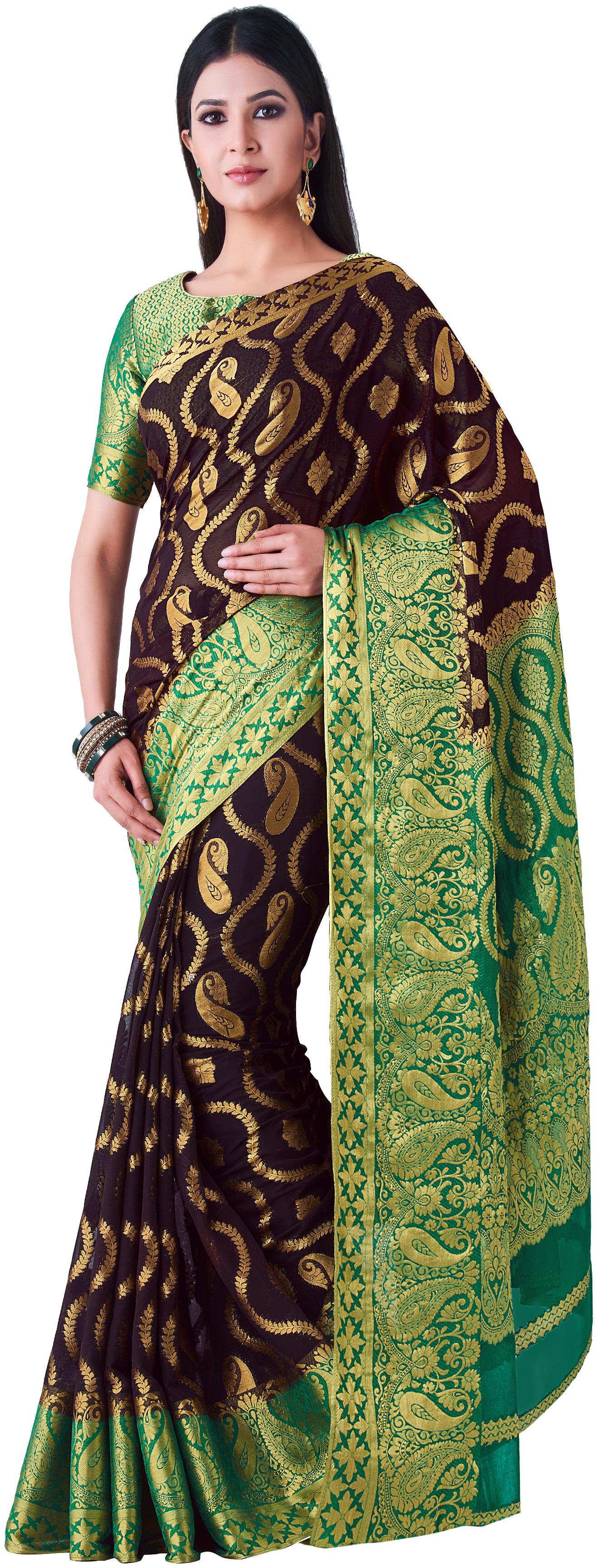 

Mimosa WomenChiffon Kanchipuram Silk Brown Saree With Blouse