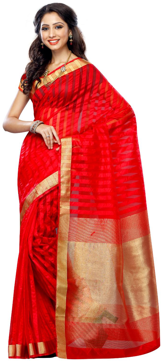 

Mimosa Red Solid Universal Regular Saree With Blouse With blouse