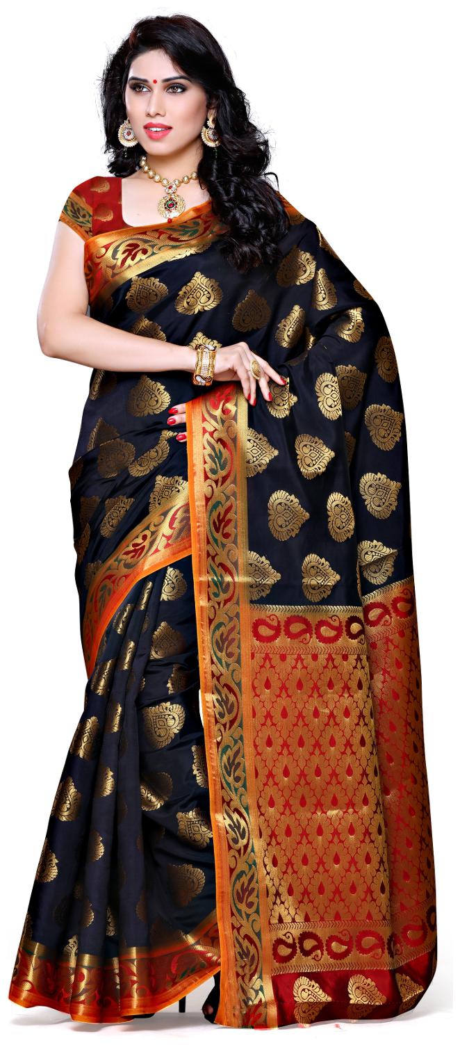 

Mimosa Women s Traditional Artificial Silk Saree Kanjivaram Style With Blouse Color Black(3313-161-BLK-RD )