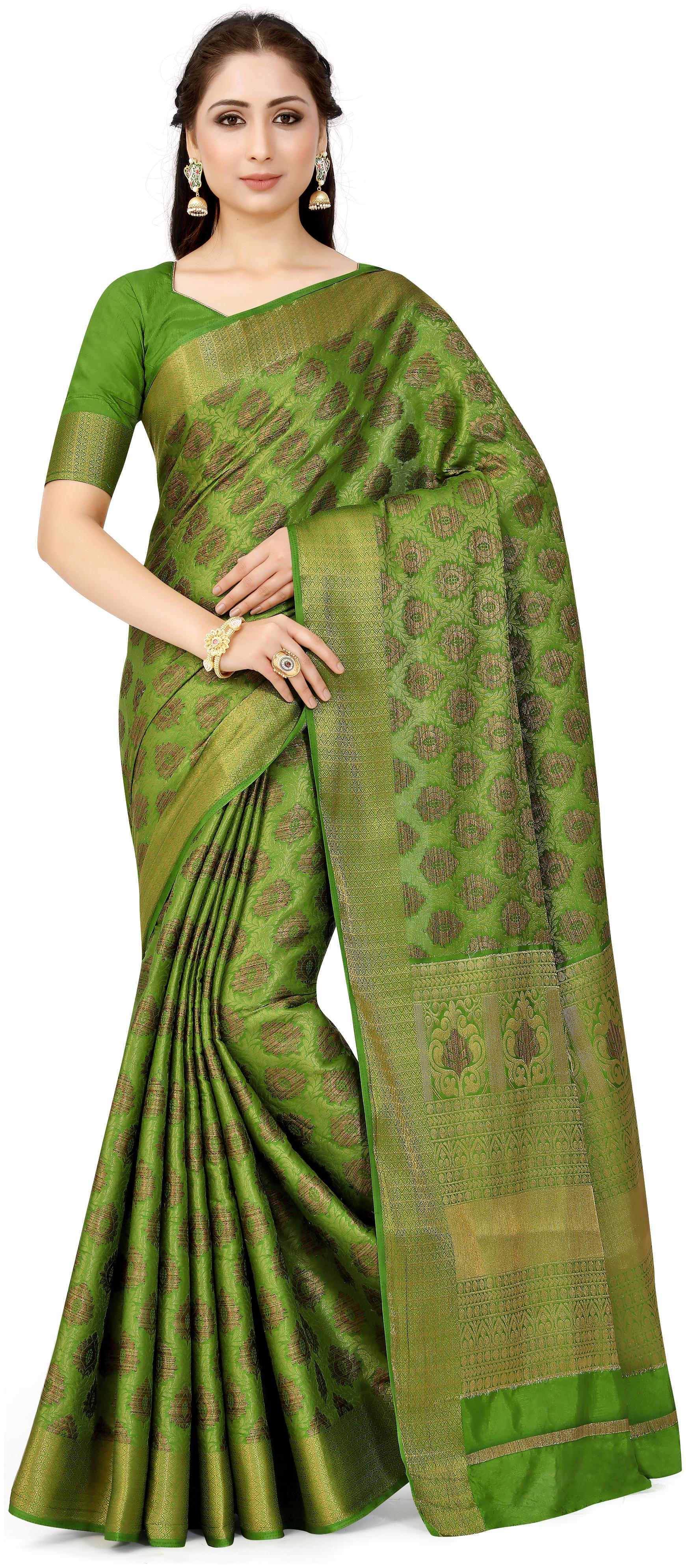 

Mimosa Women Silk Kanchipuram Silk Saree -Olive
