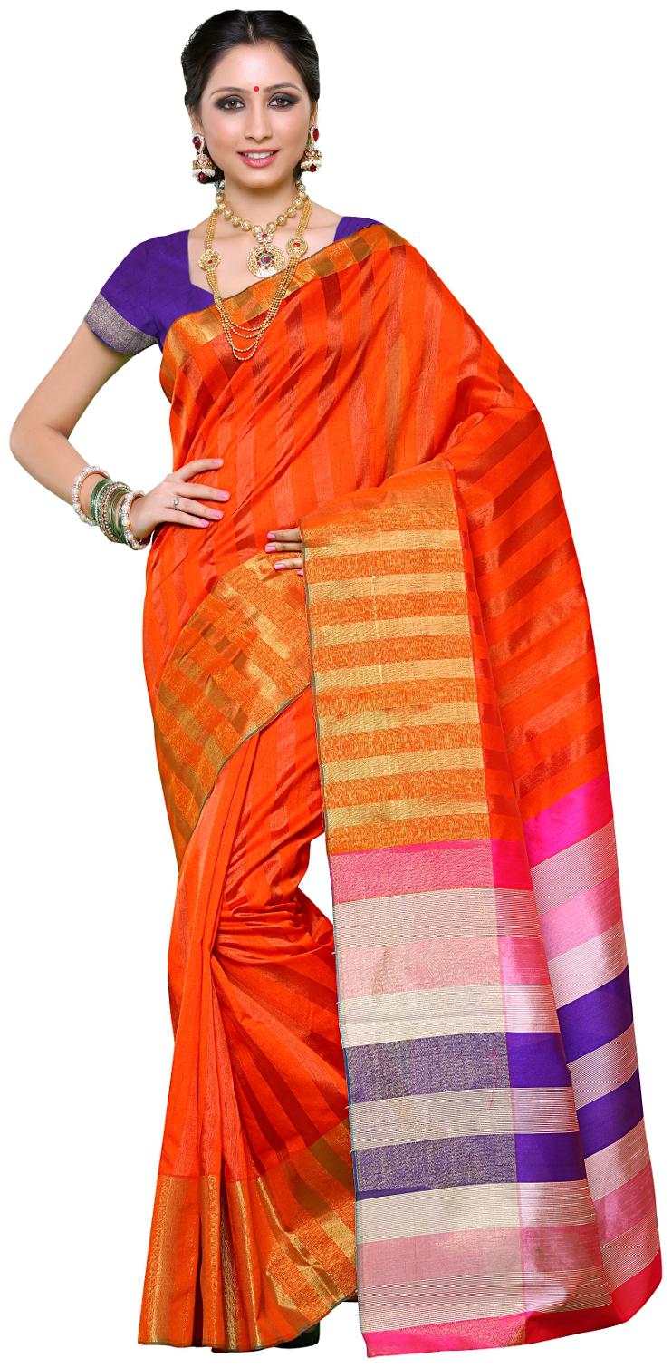 

Mimosa Women s Cotton Saree with Jute Stripes color Orange(3265-OS-STP-ORG)