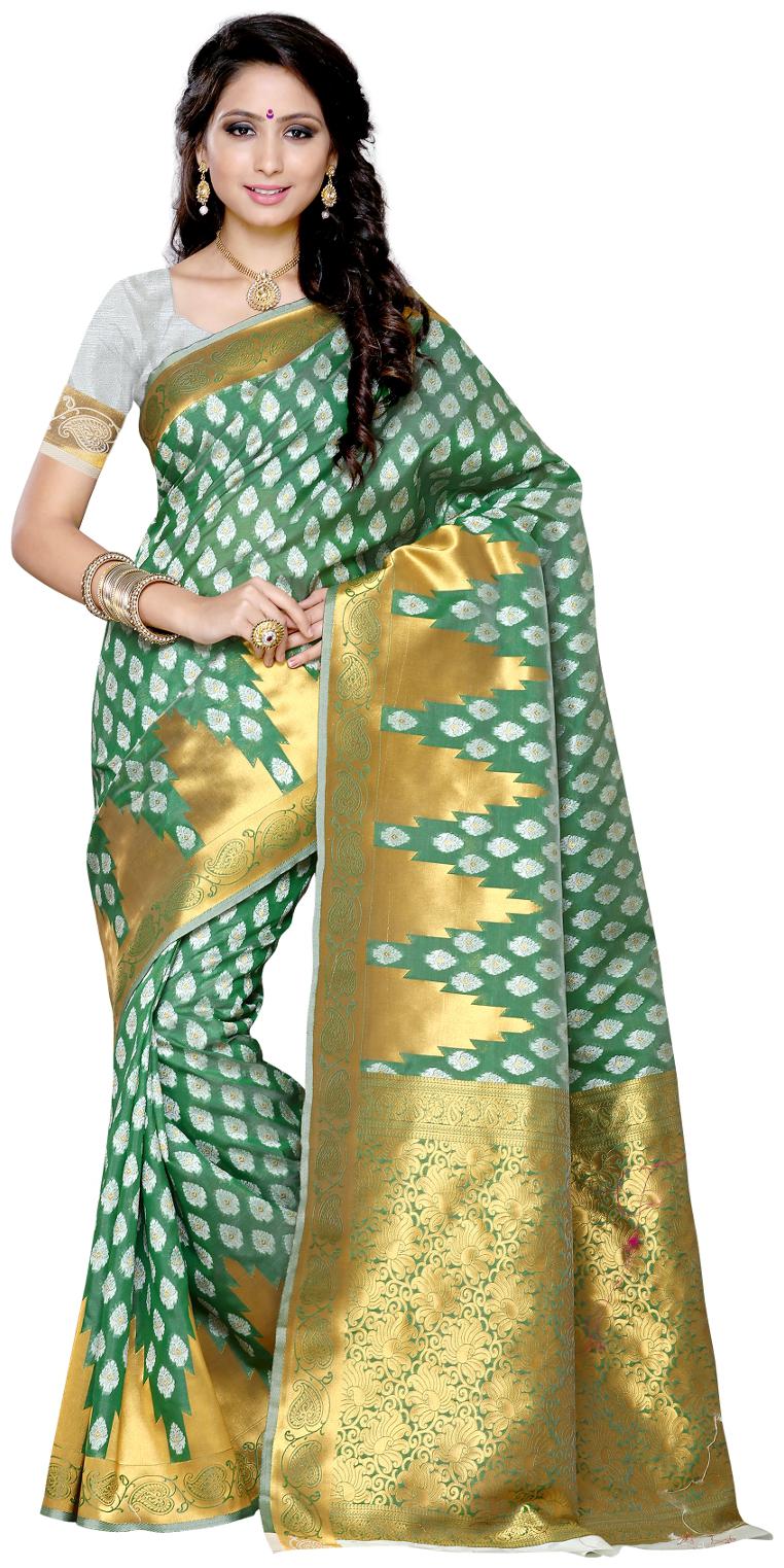

Mimosa Green Solid Universal Regular Saree With Blouse With blouse