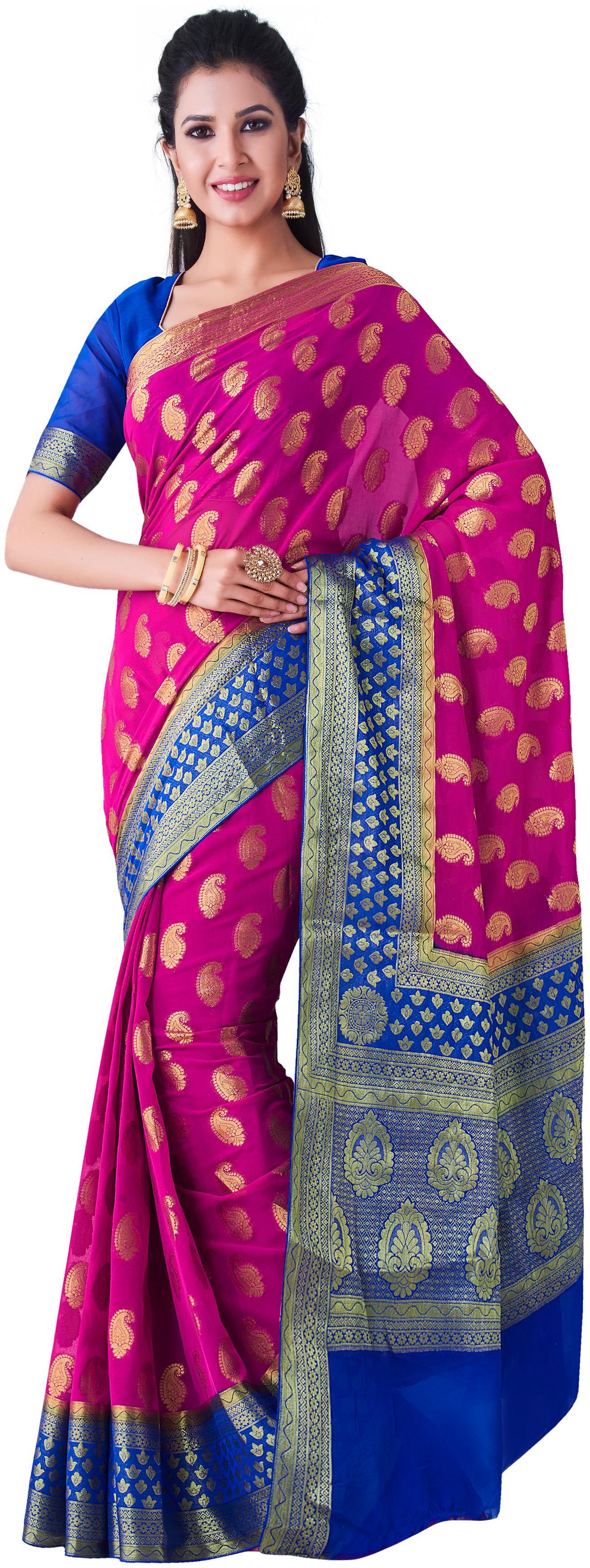 

Mimosa WomenChiffon Kanchipuram Silk Pink Saree With Blouse