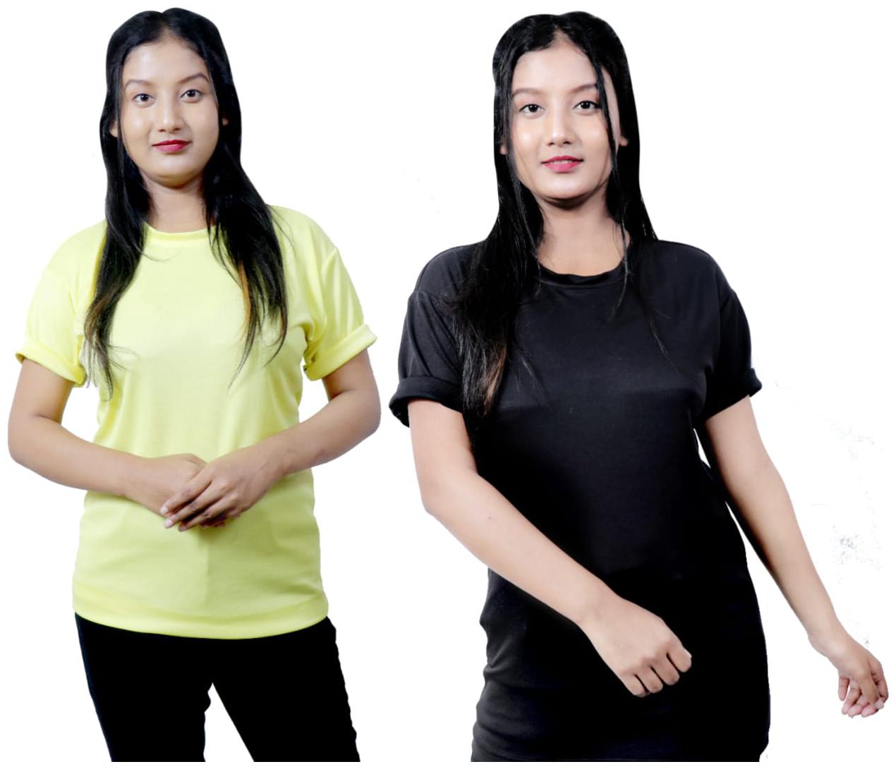 

MIRAEXA Women Solid Sports T-Shirt - Black Yellow Pack of 2