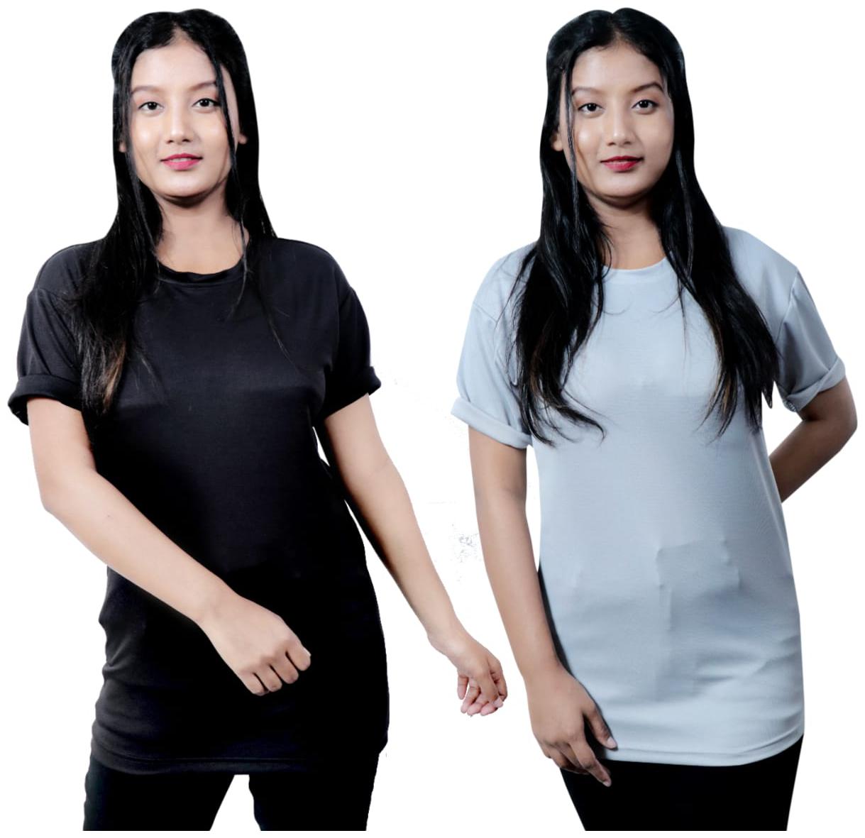 

MIRAEXA Women Solid Sports T-Shirt - Grey Black Pack of 2