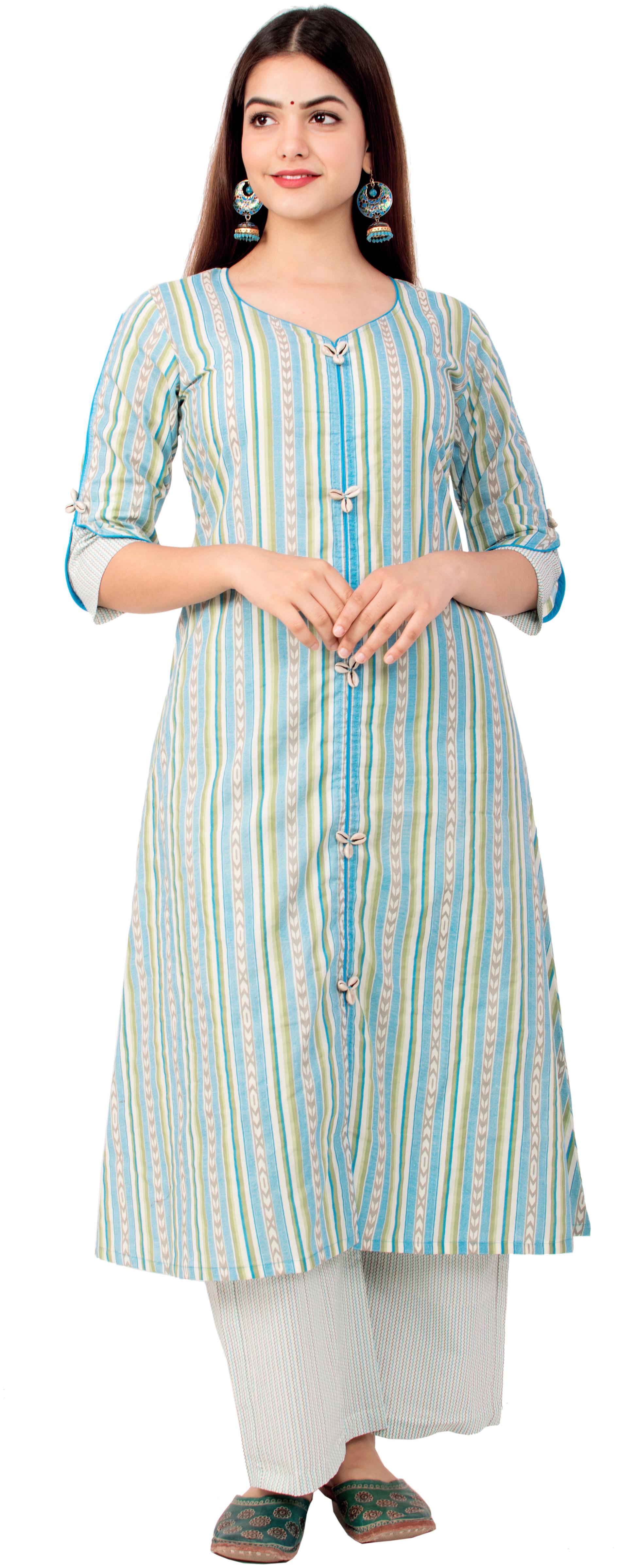 

MIRAVAN Cotton Striped Blue Kurta Palazzo For Women