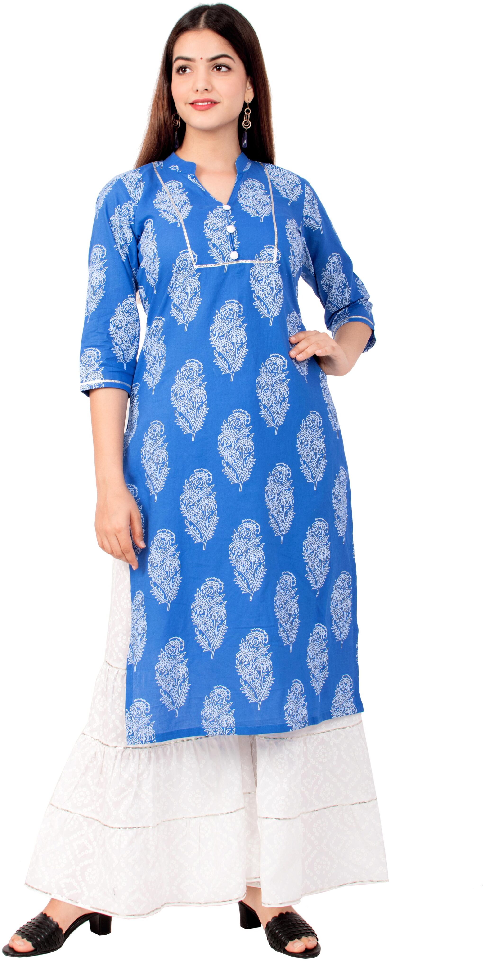 

MIRAVAN Women Blue Floral Straight Kurta With Sharara