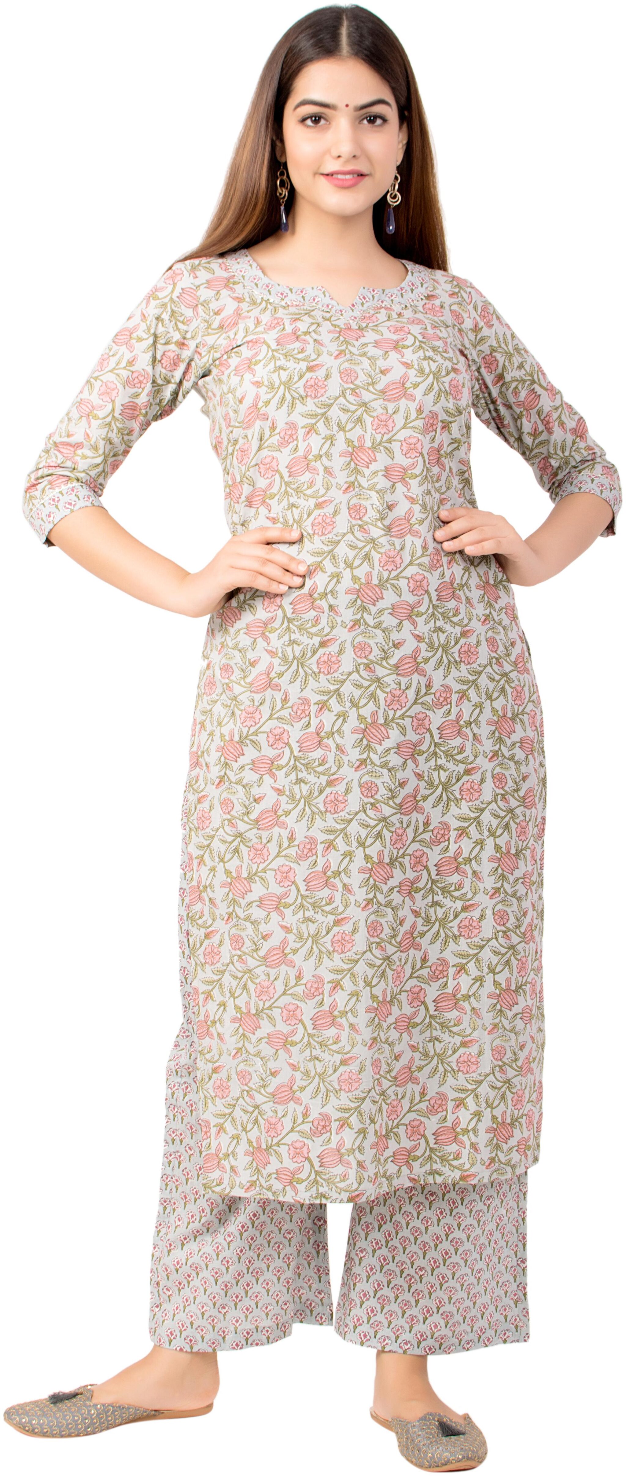 

MIRAVAN Women Grey Floral Straight Kurta With Palazzo