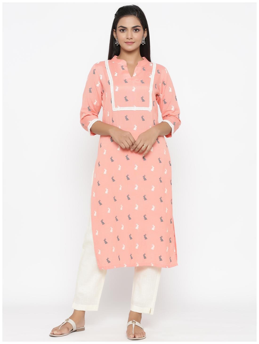 

MIRAVAN Women Peach Printed Straight Kurta With Pants