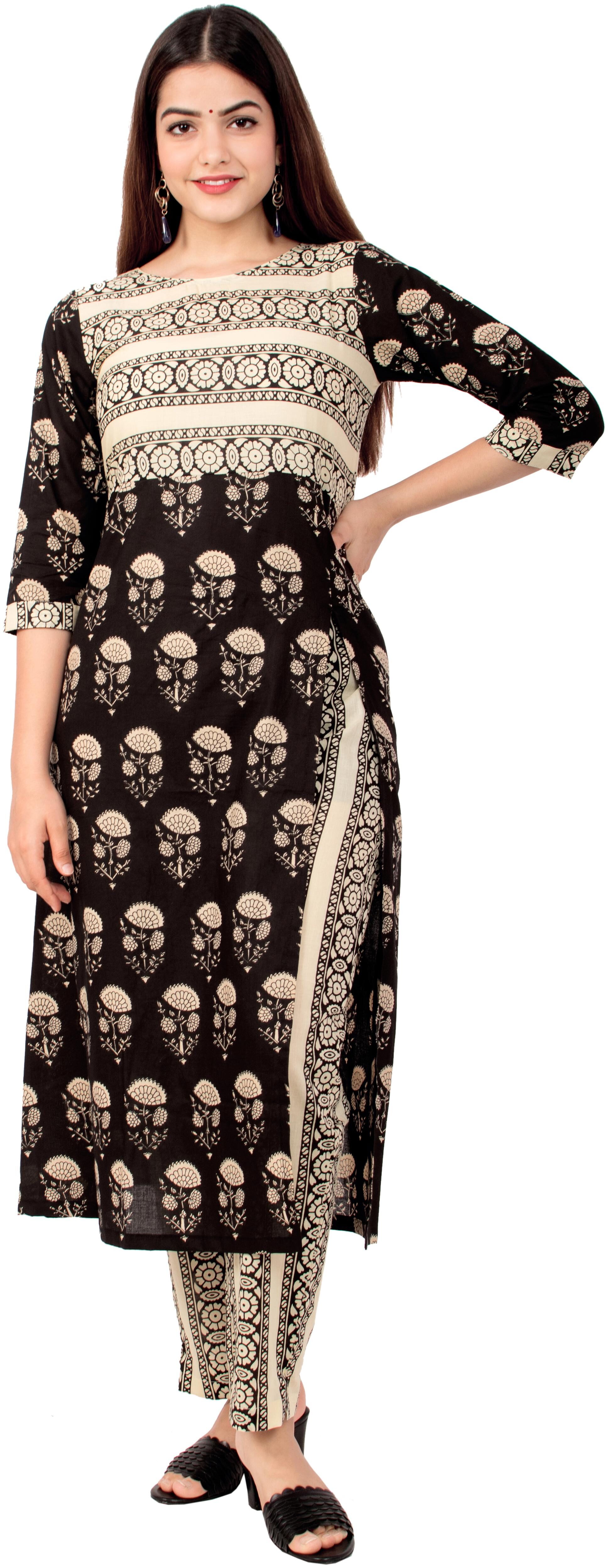 

MIRAVAN Cotton Floral Black Kurta Pants For Women