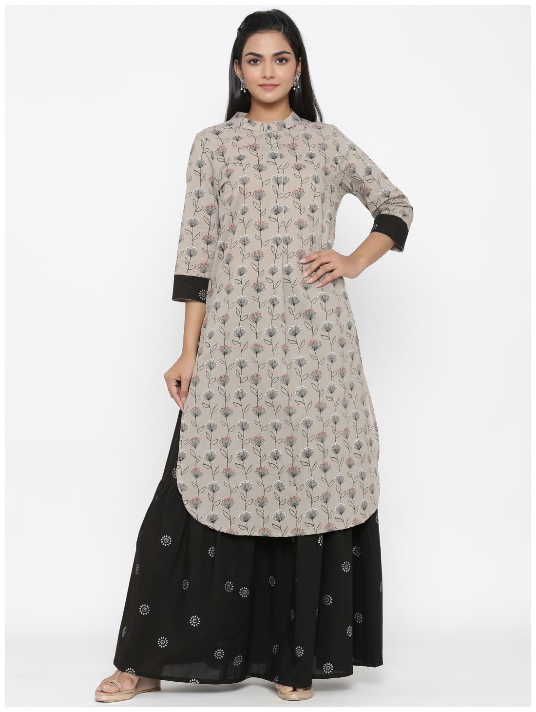 

MIRAVAN Women Beige Printed Straight Kurta With Skirt
