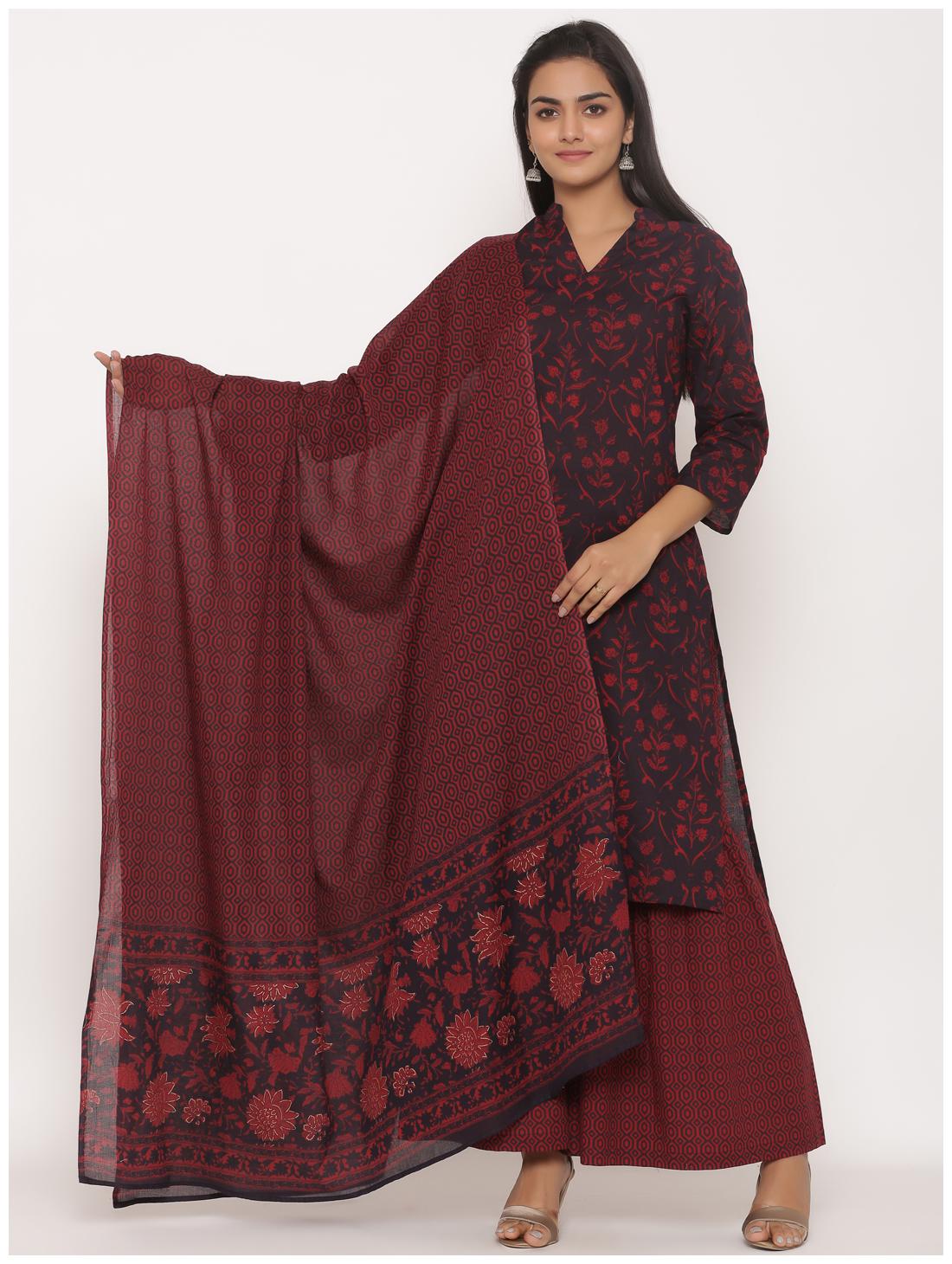

MIRAVAN Women Maroon Black Floral Straight Kurta With Sharara And Dupatta