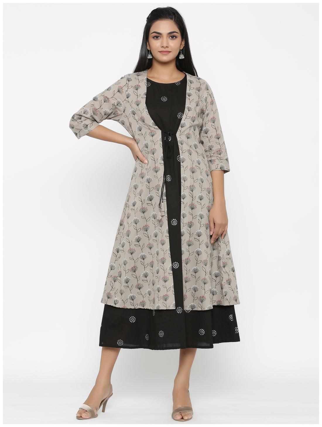 

MIRAVAN Women Cotton Floral Black Beige Kurta Dress