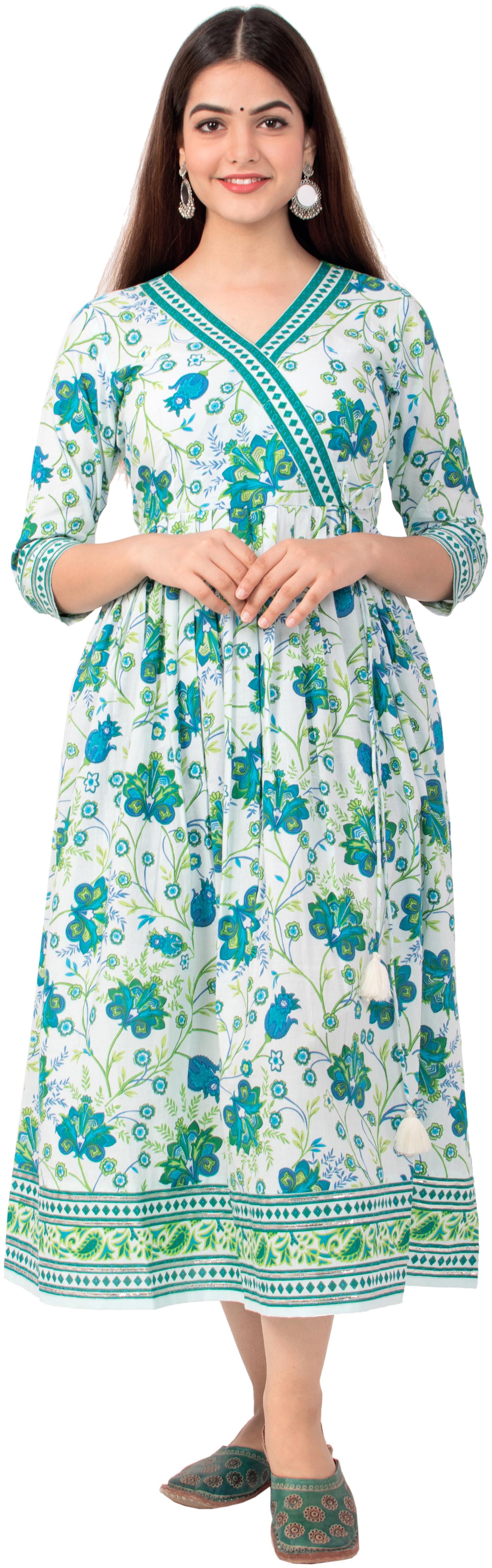 

MIRAVAN Women Green Floral Angrakha Kurta