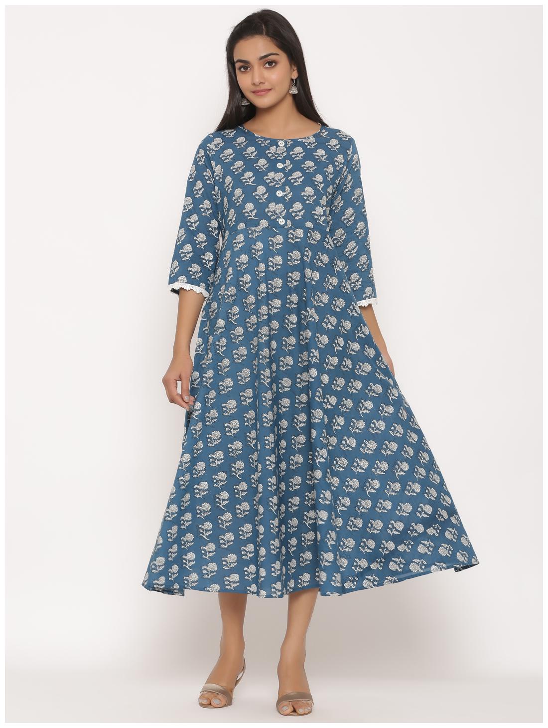 

MIRAVAN Women Blue White Floral Anarkali Kurta