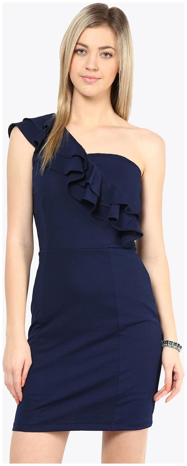 Miss Chase Women's Navy Blue One Shoulder Sleeveless Ruffles Bodycon Dress