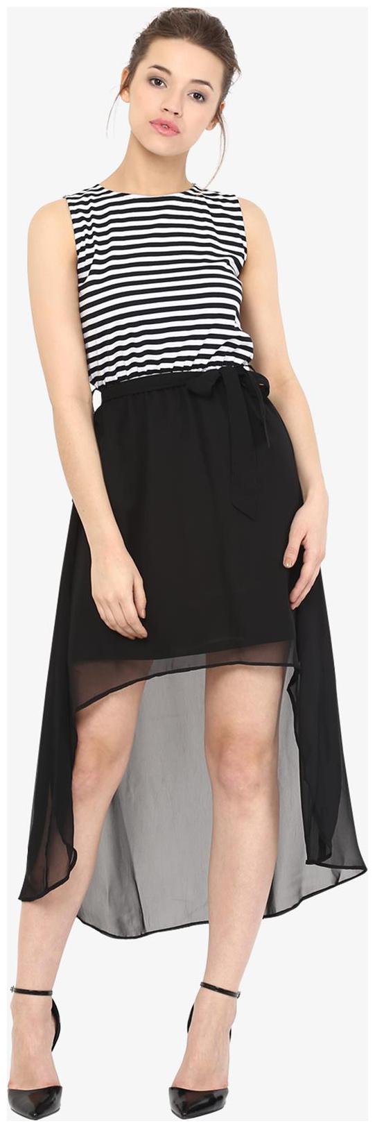 

Miss Chase Women s Black and White Round Neck Sleeveless Striped A-Line Skater High Low Dress