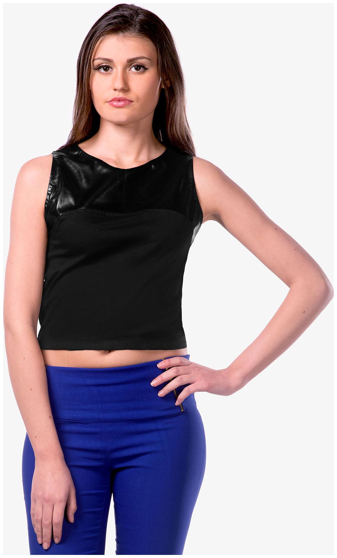 

Miss Chase Women s Black Round Neck Sleeveless Faux Leather Patch Shoulder Crop Top