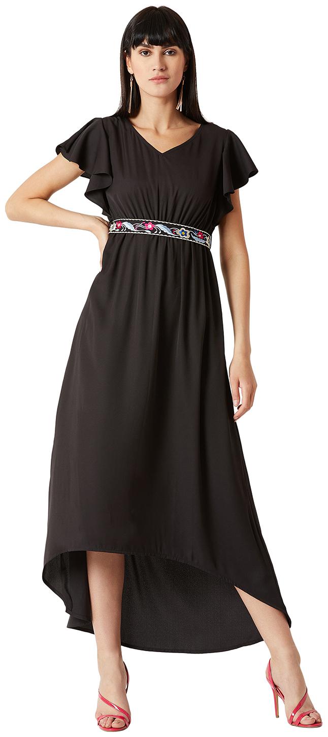 

Miss Chase Crepe Solid Regular Sleeves Fit Flare Dress - Black