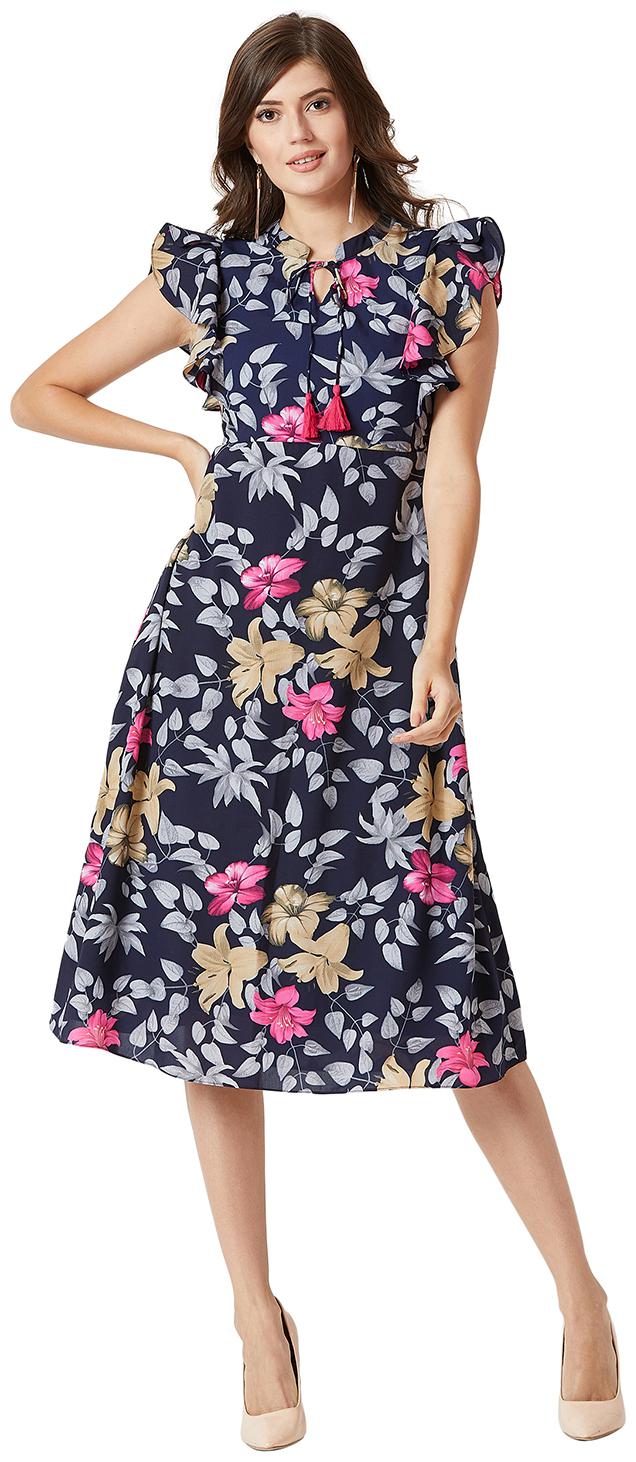 

Miss Chase Georgette Floral Regular Sleeves Fit Flare Dress - Blue