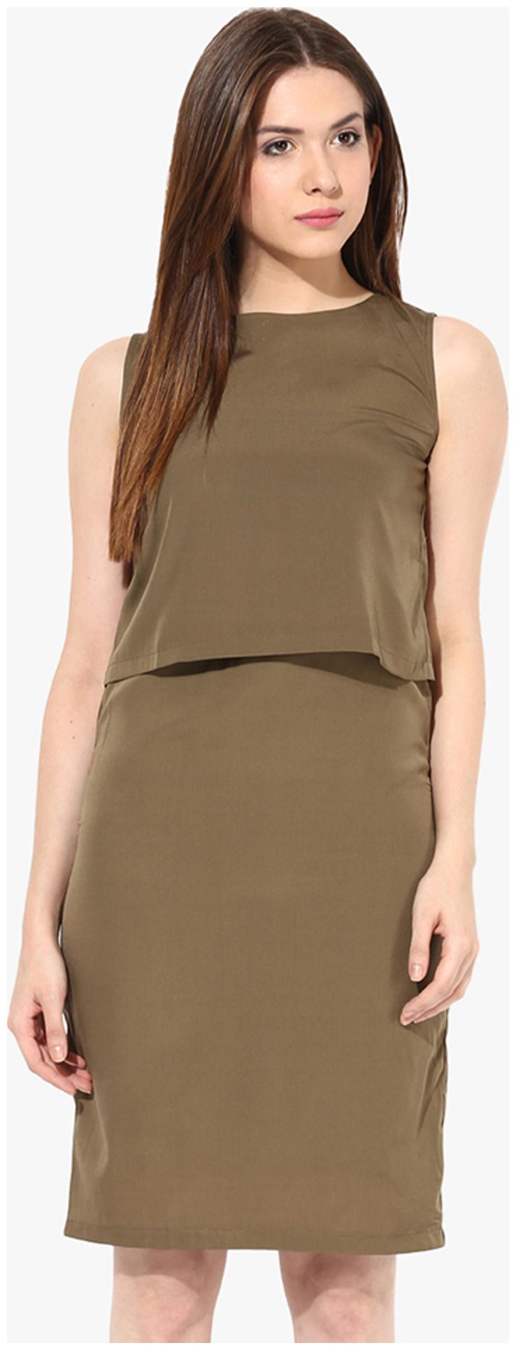 

Miss Chase Women s Olive Green Round Neck Sleeveless Layered Midi Dress