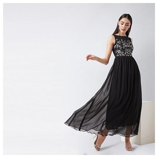 

Miss Chase Georgette Black Embellished Maxi Dress For Women