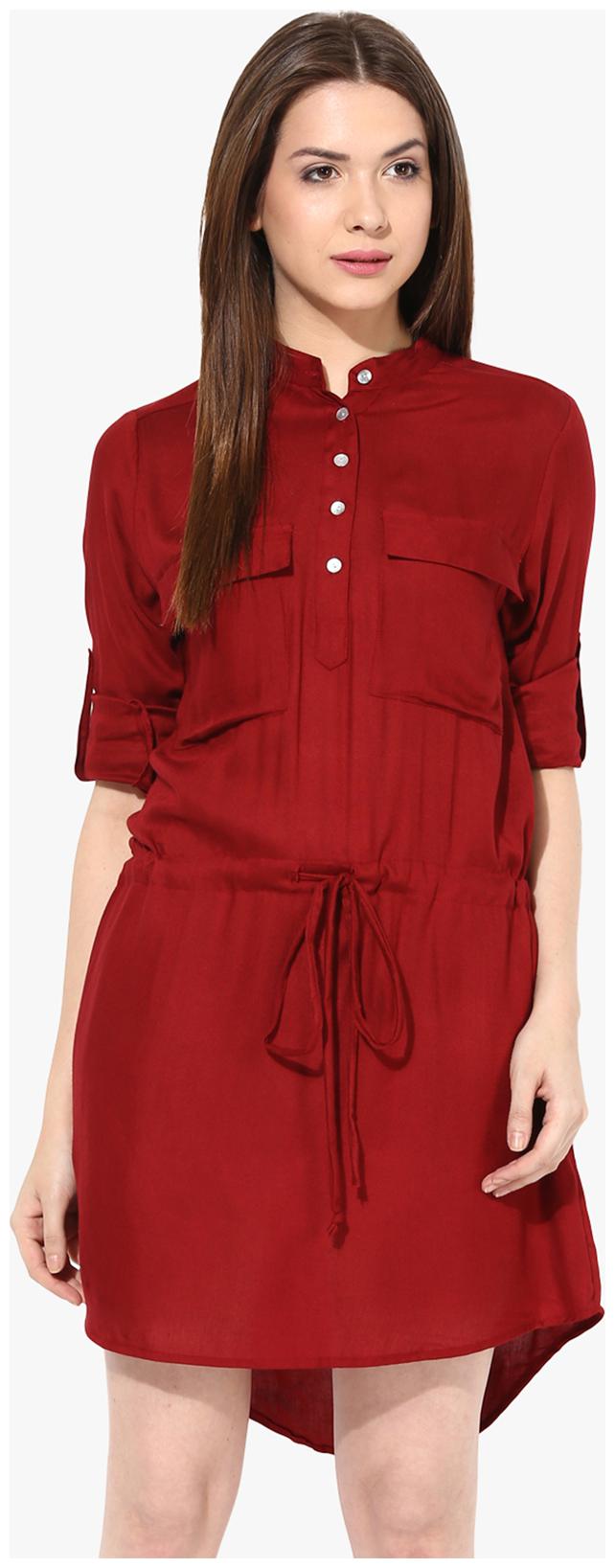 

Miss Chase Women s Maroon Banded Collar Full Sleeves Belted Shirt Dress