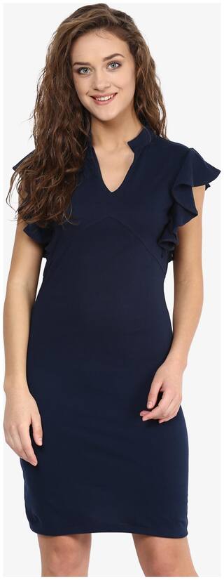 Miss Chase Women's Navy Blue V-Neck Sleeveless Ruffle Bodycon Dress