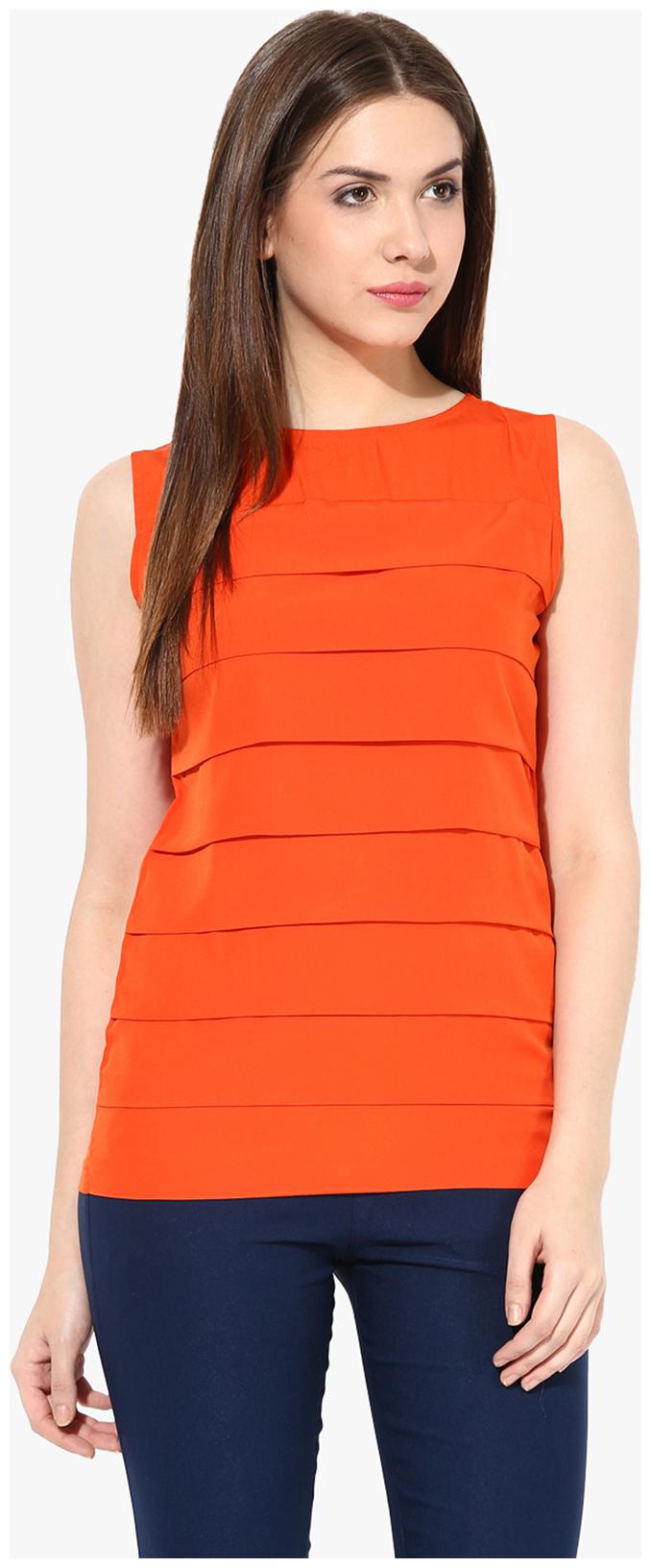 

Miss Chase Women s Orange Round Neck Sleeveless Pleated Basic Top