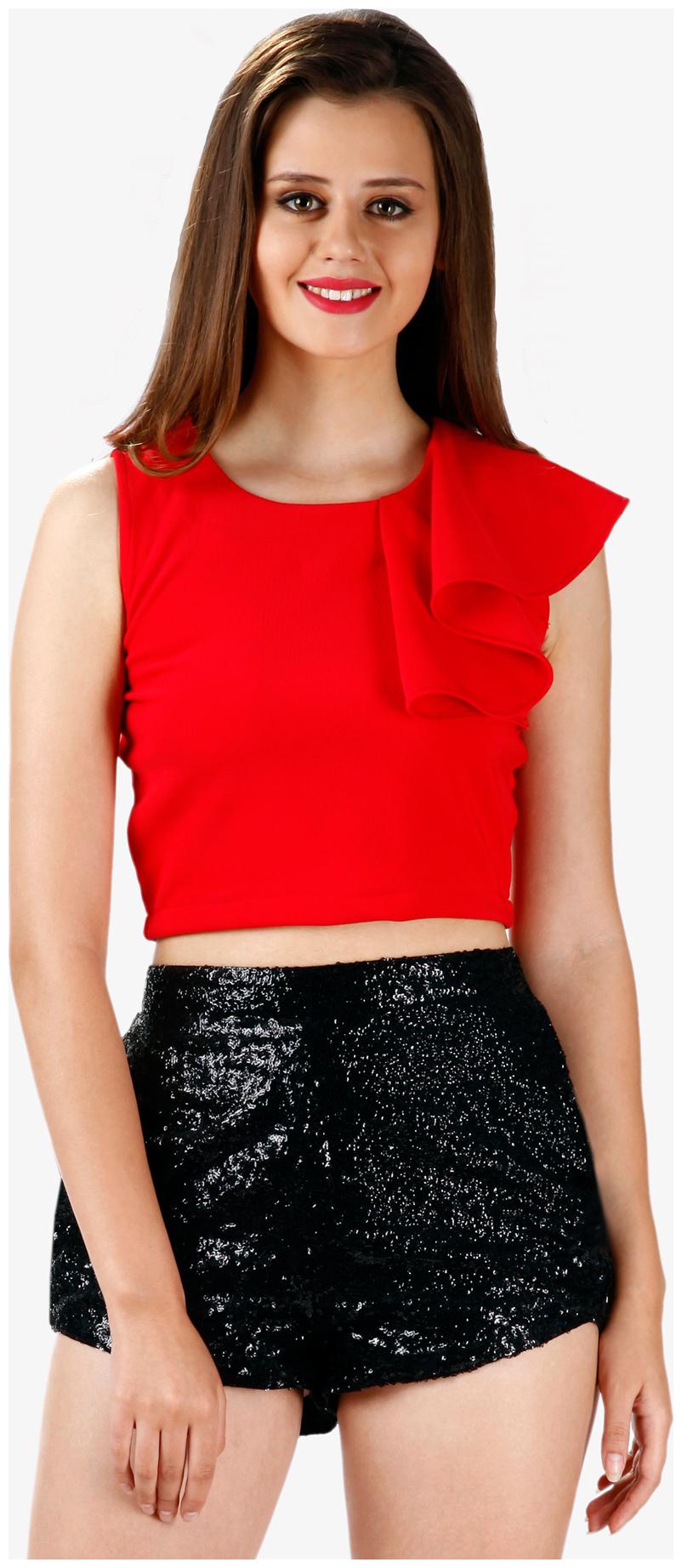 

Miss Chase Women s Red Round Neck Sleeveless Ruffles Crop Top