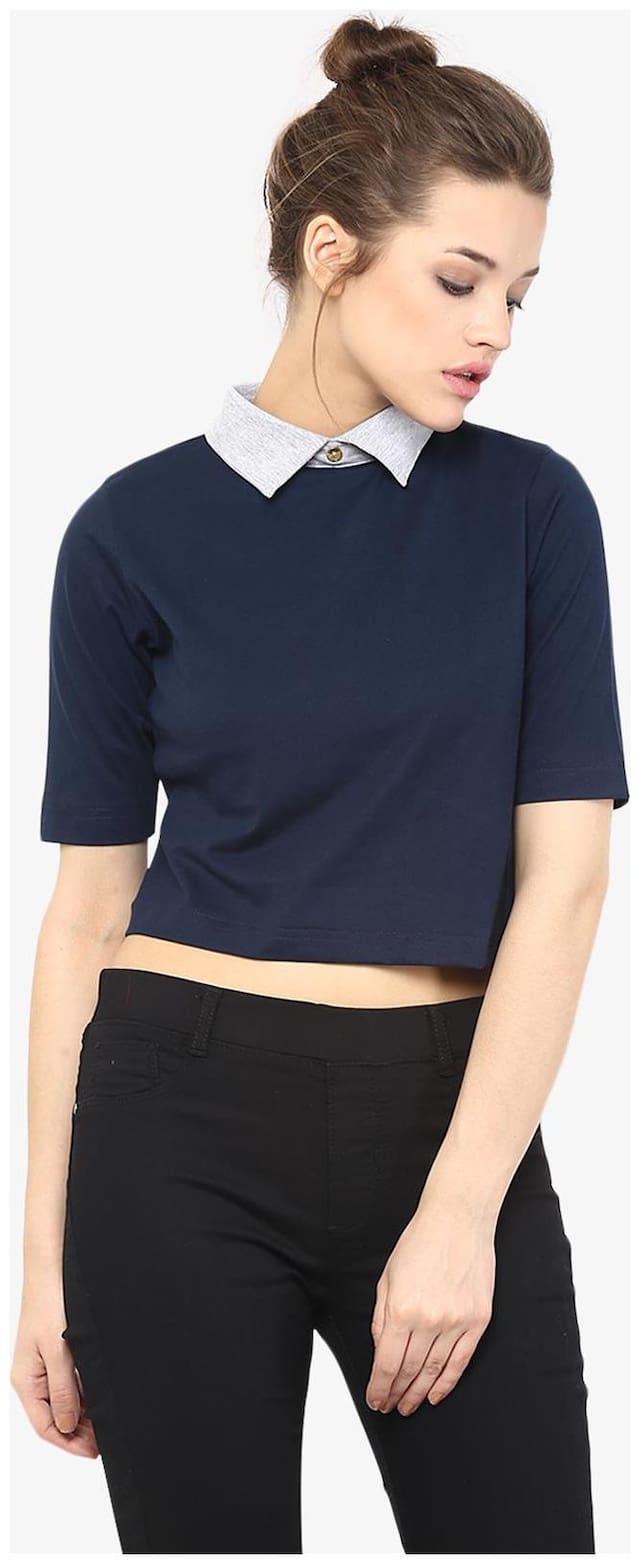 Miss Chase Women's Navy Blue and Grey Collar Neck Half Sleeves Solid Boxy Crop Top