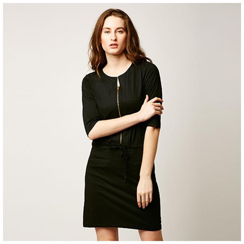 

Miss Chase Women s Black Round Neck 3 4 Sleeves Cotton Solid Mini Shift Dress