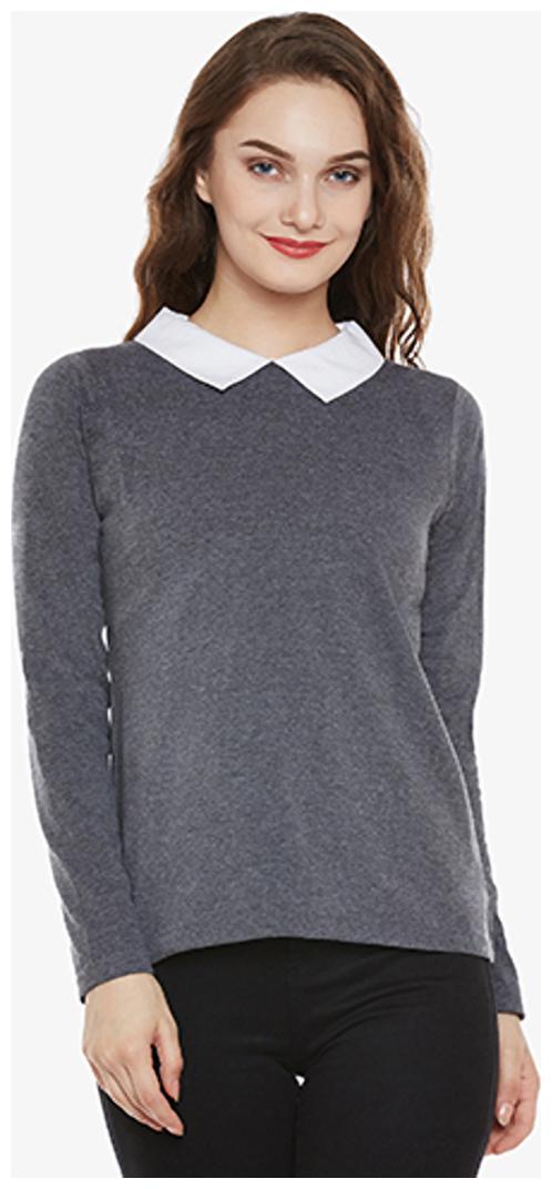 

Miss Chase Women s Grey Cotton Round Neck Full Sleeve Solid Buttoned Collared Top