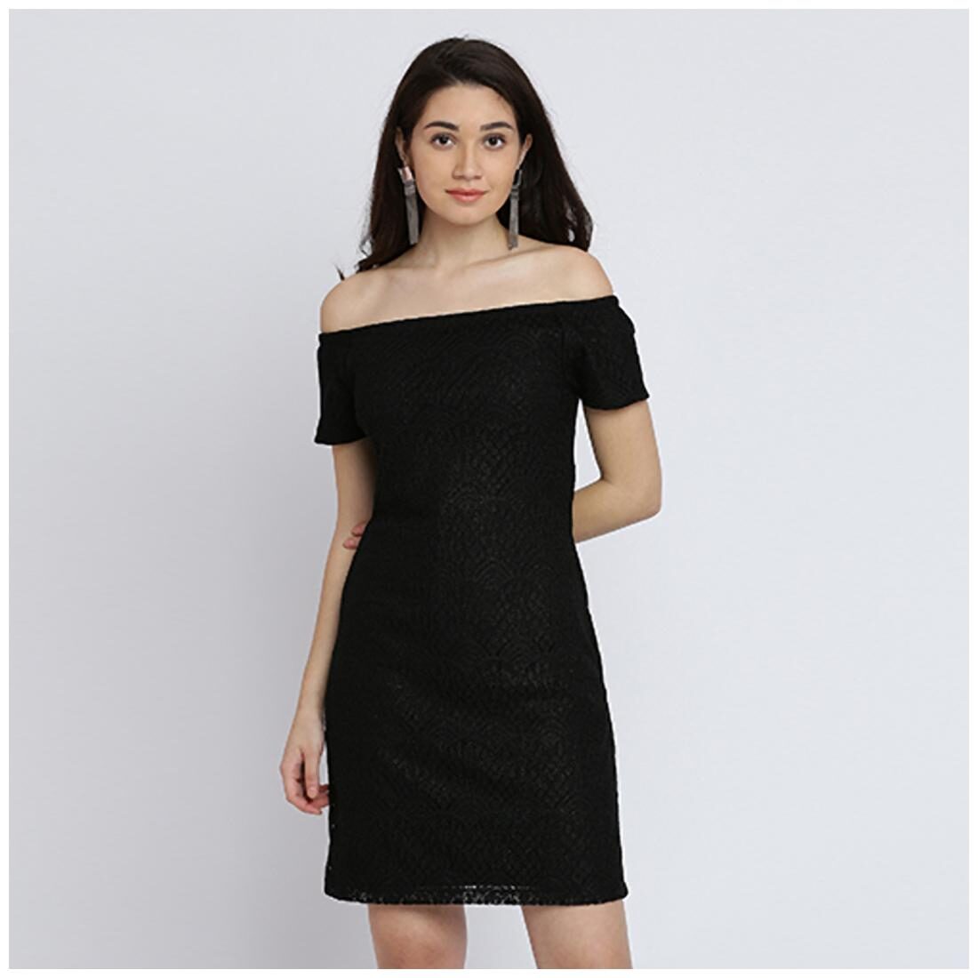 

Miss Chase Women s Black Off-shoulder Short Sleeve Solid Shimmer Lace Bardot Style Mini Dress