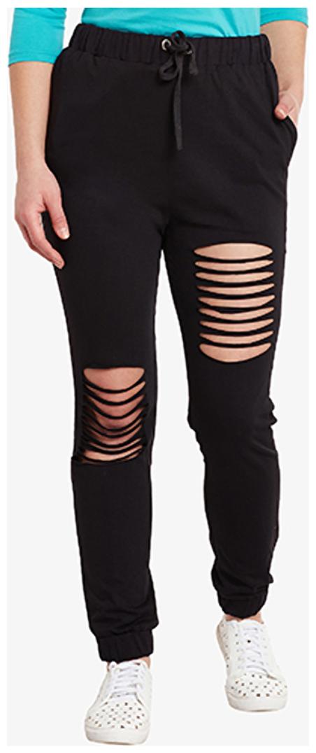 

Miss Chase Women s Black Solid Regular Length Relaxed Fit Ripped Track pants