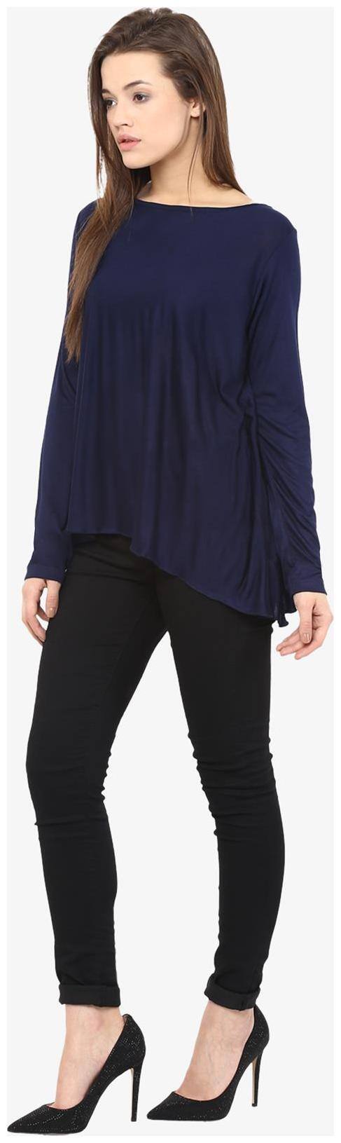 Miss Chase Women's Navy Blue Round Neck Full Sleeves Solid Flared Top