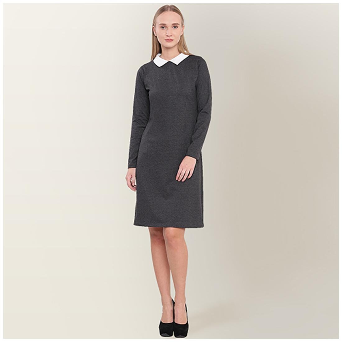 

Miss Chase Women s Grey Round Neck 3 4 Sleeve Solid Knee-Long Multicoloured Collar Shift Dress
