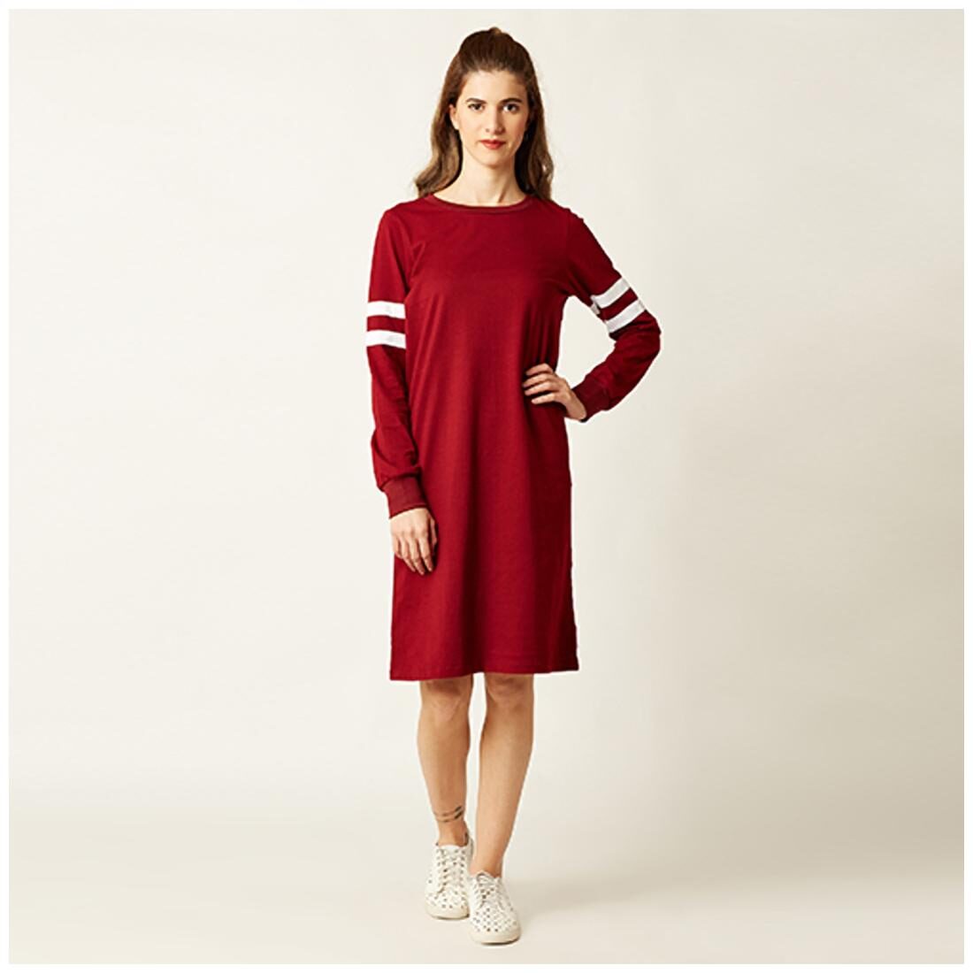 

Miss Chase Women s Maroon Round Neck Full Sleeve Solid Knee-Long Panelled Shift Dress