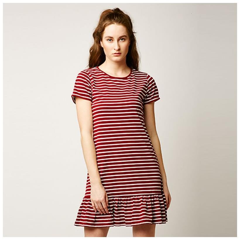 

Miss Chase Women s Maroon And White Round Neck Short Sleeve Cotton Striped Gathered Frilled Mini A-Line Dress