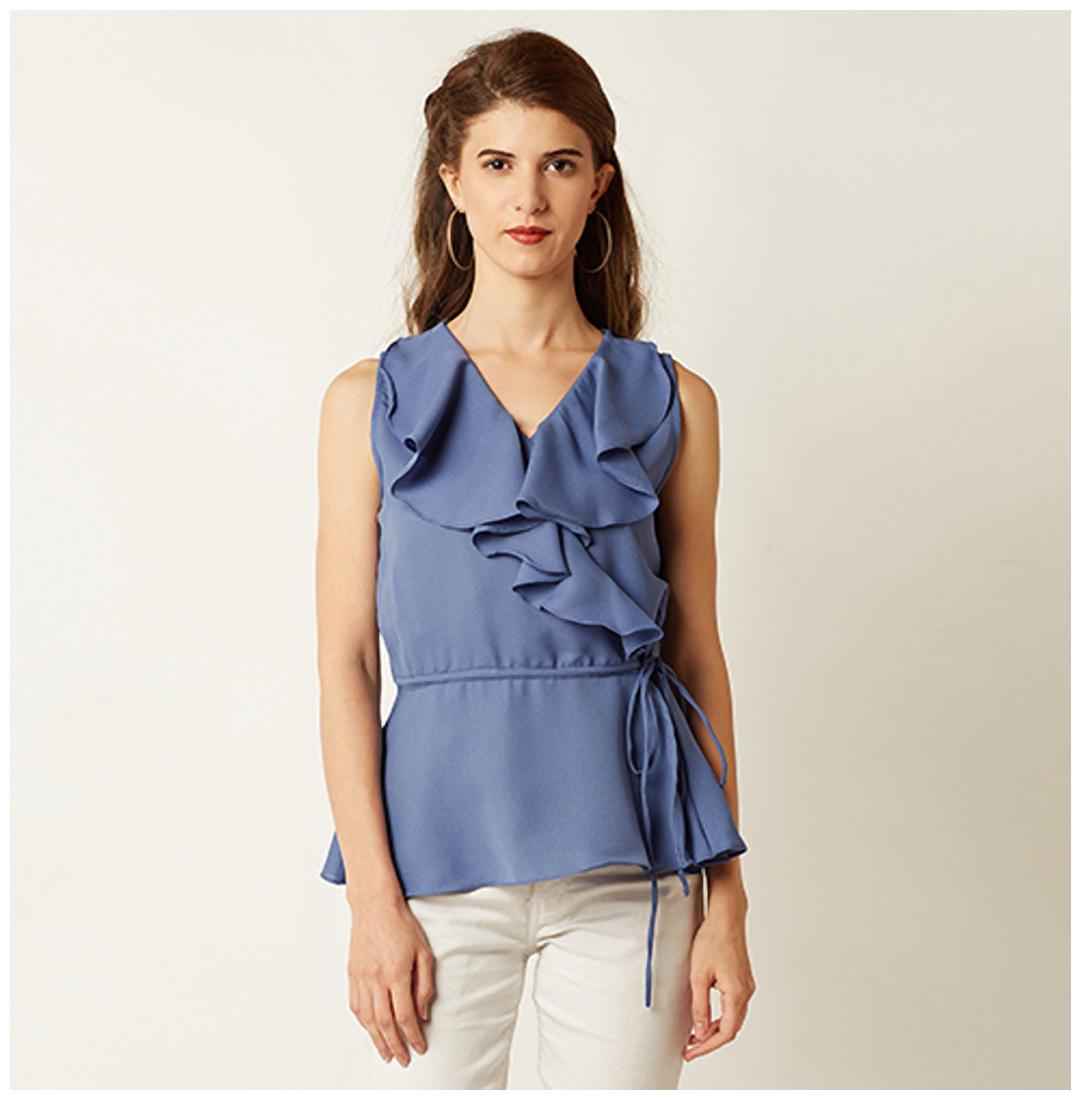 

Miss Chase Women s Blue V-Neck Sleeveless Solid Ruffled Top