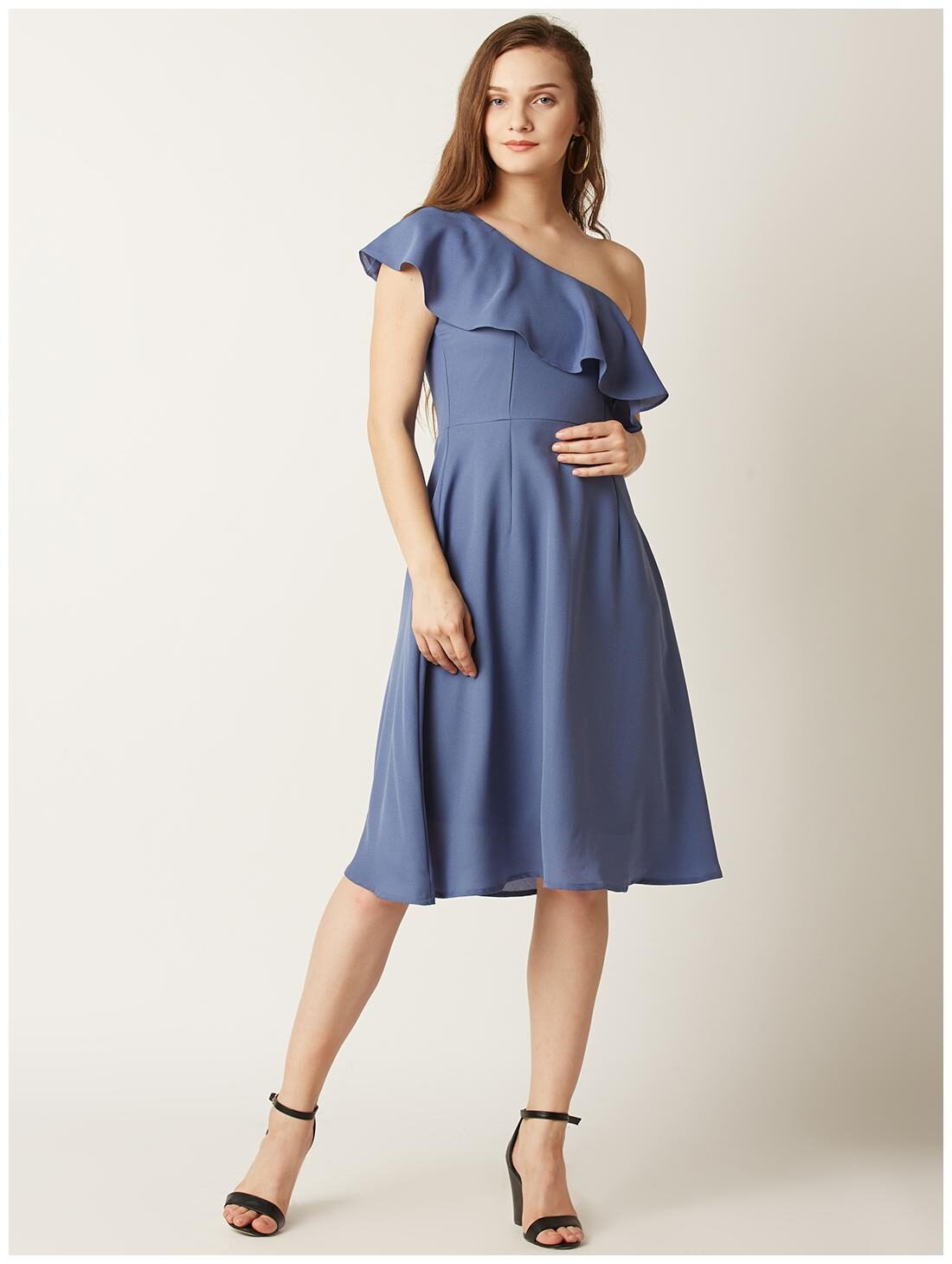 

Miss Chase Women s Blue One Shoulder Sleeveless Solid Knee-length Ruffled Dress