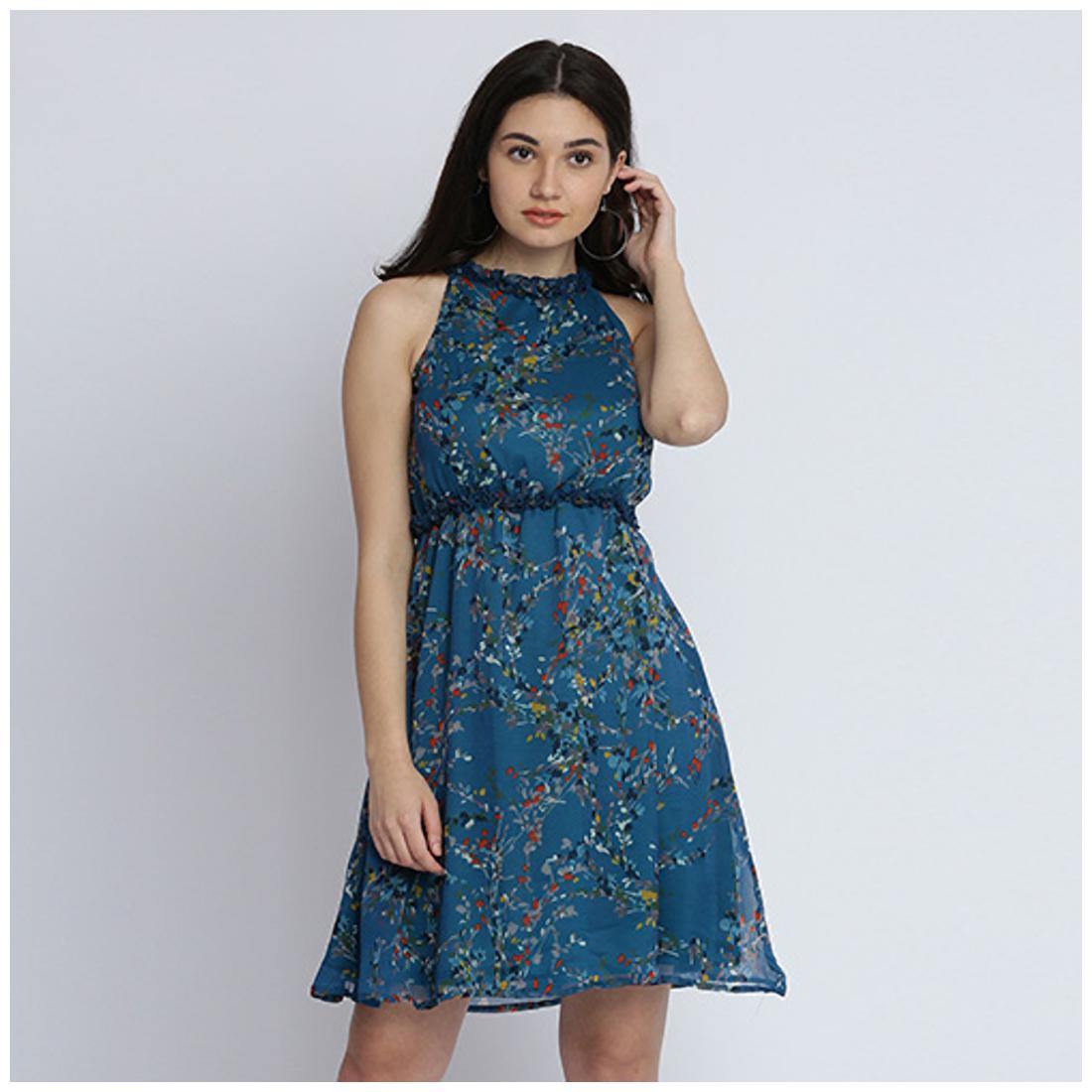 

Miss Chase Women s Muticoloured Round Neck Sleeveless Floral Ruffled Gathered Knee-Long Skater Dress