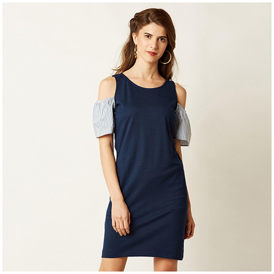 

Miss Chase Women s Navy Blue Cotton Round Neck Striped Half Sleeve Solid Mini Cold Shoulder Shift Dress