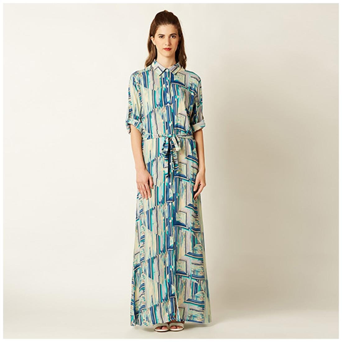 

Miss Chase Women s Multicoloured Round Neck Full Sleeve Printed Belted Maxi Shirt Dress