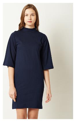 

Miss Chase Women s Navy Blue Cotton Round Neck 3 4 Sleeve Solid Collared Mini Shift Dress