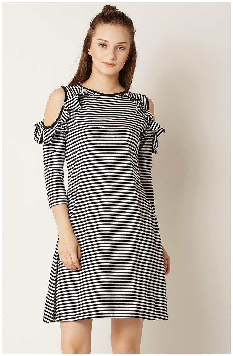 

Miss Chase Women s Black and White Cotton Round Neck 3 4 Sleeve Striped Cold Shoulder Mini Shift Dress