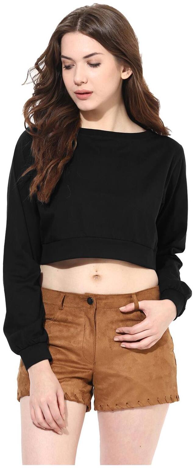 Miss Chase Women's Black Round Neck Full Sleeves Oversized Boxy Crop Top